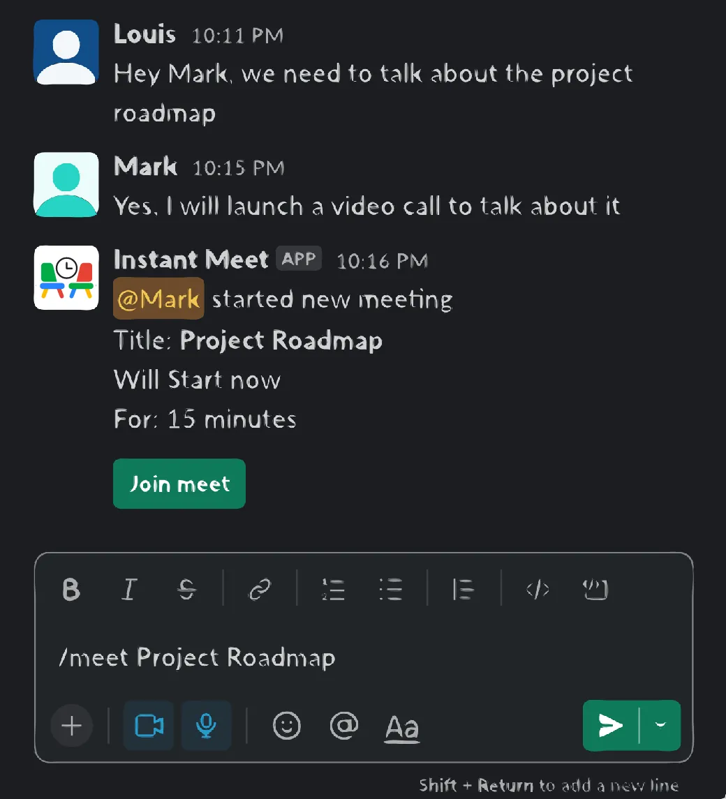 Starting a Google Meet in Slack with the /meet command